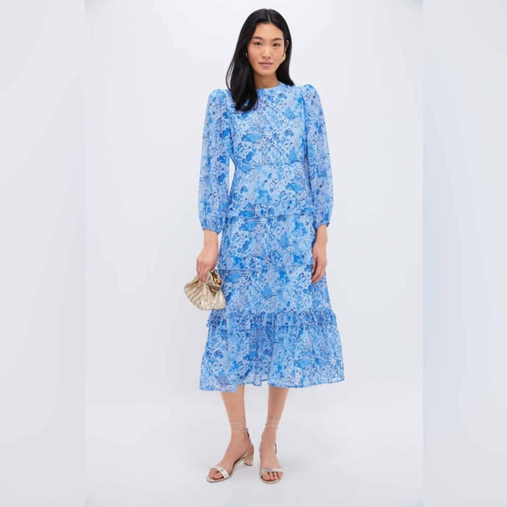 Tuckernuck Blue Multi Abstract Floral Rosalind Ruffle Midi Dress NWOT